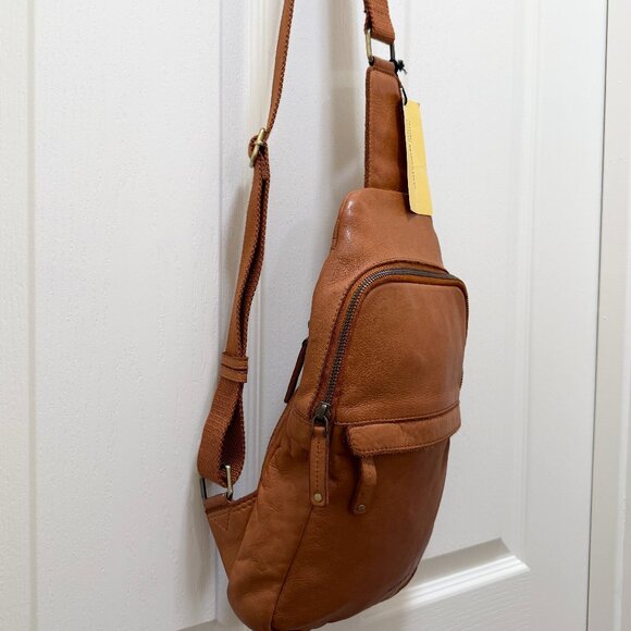 Marta Ponti Of Portugal Soft Washed Leather Sling Backpack Cognac Brown Bag NEW - Picture 3 of 16